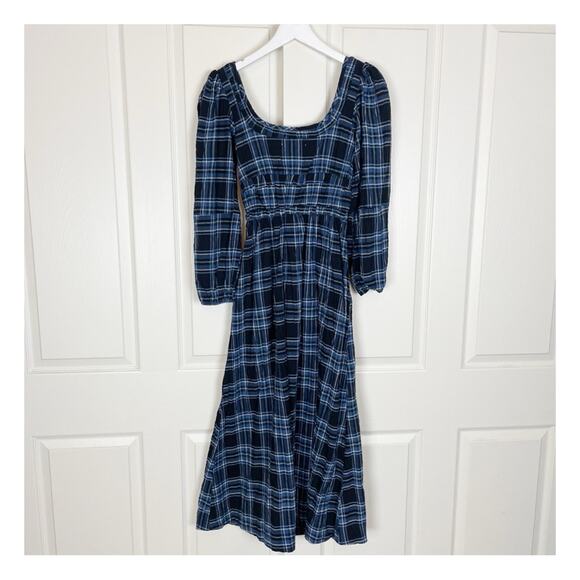 Damson Madder Dakota Blue Plaid Bow Tie Puff Sleeve Midi Dress Sz 6UK / 2 US - Picture 6 of 11